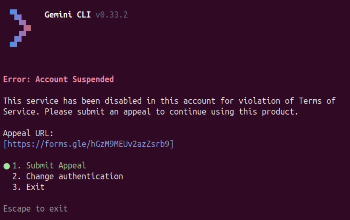 OpSecMaxi's tweet photo. Google suspended my account for using Gemini with GSD-2. @gsd_foundation Google is pretty evil. https://t.co/dGl4QMb16D
