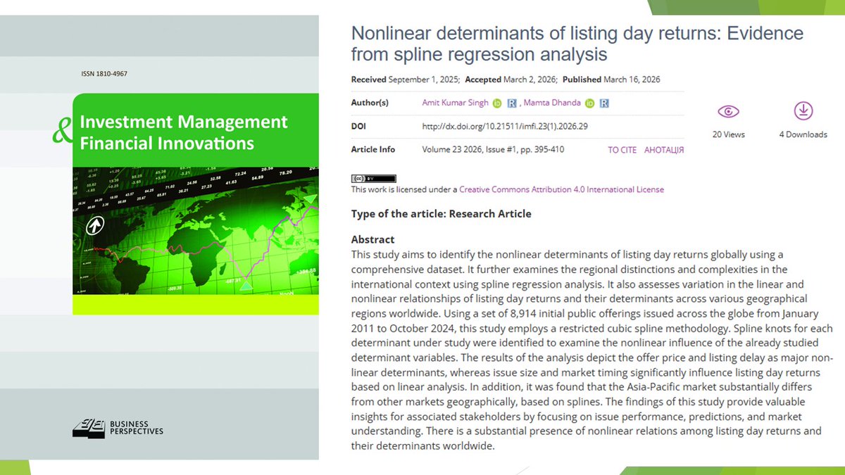 imfi_journal's tweet photo. 🔗https://t.co/YNB6foujTL
📝 #Nonlinear determinants of listing day #returns: Evidence from spline regression #analysis
👥 Amit Kumar Singh, Mamta Dhanda https://t.co/LfwXmN9t5N