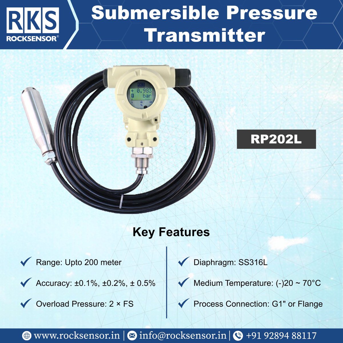 rocksensor_ind's tweet photo. Reliable measurement water-level monitoring starts with the right sensor.

The RP202L submersible pressure transmitter is designed for reliable performance in deep boreholes and tanks.

RP202L | Up to 200m | ±0.1%

🚀 DM for details

#LevelSensor #automation https://t.co/Z03MNQb7Ud