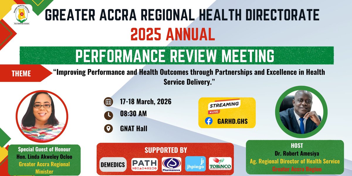 GARHD_GHS's tweet photo. *2025 ANNUAL PERFORMANCE REVIEW MEETING*
Theme: Improving Performance and Health Outcomes through Partnerships and Excellence in Health Service Delivery 

📅 17 - 18 March 2026
🏠 GNAT Hall, Accra
🕣 8:30 a.m. https://t.co/8wrbs1wty6
