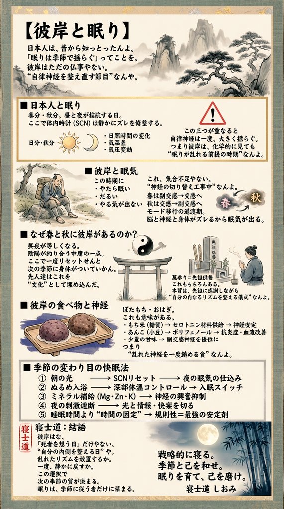GoodSleepPeople's tweet photo. 【彼岸と眠り】

日本人は、昔から知っとったんよ。
「眠りは季節で揺らぐ」ってことを。

彼岸はただの仏事やない。
“自律神経を整え直す節目”なんや。

■ 日本人と眠り

春分・秋分。昼と夜が拮抗する日。
ここで体内時計（SCN）は静かにズレを修整する。

・日照時間の変化
・気温差
・気圧変動

この三つが重なると
自律神経は一度、大きく揺らぐ。

つまり彼岸は、化学的に見て��
“眠りが乱れる前提の時期”なんよ。

■ 彼岸と眠気

この時期に

・やたら眠い
・だるい
・やる気が出ない

これ、気合不足やない。
“神経の切り替え工事中”なんよ。

春は副交感→交感へ
秋は交感→副交感へ
モード移行の過渡期。

脳と神経と身体がズレるから眠気が出る。

■ なぜ春と秋に彼岸があるのか？

昼夜が等しくなる。
陰陽が釣り合う中庸の一点。

ここで一度リセットせんと
次の季節に身体がついていかん。

先人達はこれを
“文化”として埋め込んだ。

墓参り＝先祖供養
これももちろんある。

本質は、先祖に感謝しながら
“自分の内なるリズムを整える儀式”
なんよ。

■ 彼岸の食べ物と神経

ぼたもち・おはぎ。
これも意味がある。

・もち米（糖質）
→ セロトニン材料供給
→ 神経安定

・あんこ（小豆）
→ ポリフェノール
→ 抗炎症・血流改善

・少量の甘味
→ 副交感神経を優位に

つまり
“乱れた神経を一度鎮める食”なんよ。

■ 季節の変わり目の快眠法

ここ外したら確実に崩れる。

① 朝の光
→ SCNリセット
→ 夜の眠気の仕込み

② ぬるめ入浴
→ 深部体温コントロール
→ 入眠スイッチ

③ ミネラル補給（Mg・Zn・K）
→ 神経の興奮抑制

④ 夜の刺激遮断
→ 光と情報・快楽を切る

⑤ 睡眠時間より“時間の固定”
→ 規則性＝最強の安定剤

■ 寝士道∶結語

彼岸はな、
「死者を想う日」だけやない。
“自分の内側を整える日”や。

乱れたリズムを放置するか。
一度、静かに戻すか。

この選択で
次の季節の質が決まる。
眠りは、季節に従う者だけに深まる。

戦略的に寝る。
季節と己を和せ。

眠りを育て、己を磨け。

寝士道　しお���