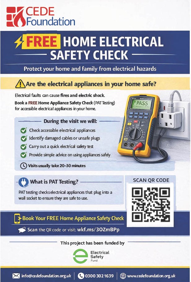 cedefoundation's tweet photo. FREE Home Electrical Safety Checks!

We’re offering FREE PAT Testing across Manchester &amp; Salford to help keep families safe from electrical hazards.

Check appliances &amp; cables
Safety advice
Book now 👉 https://t.co/SjZgmdMVR5
#ElectricalSafety #Manchester #Salford #FreeSupport https://t.co/nBWjwXP4JI