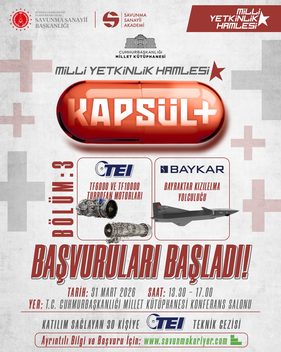 📢 Milli Yetkinlik Hamlesi KAPSÜL+ Programı BÖLÜM 3️⃣ Başvuruları BAŞLADI❗

Cumhurbaşkanlığı Millet Kütüphanesi’nde gerçekleşecek KAPSÜL + Programı Bölüm 3 ile yerli ve milli savunma sanayii ürünlerimize dair bilgileri ilk ağızdan, uzmanlarından, profesyonellerinden öğrenme