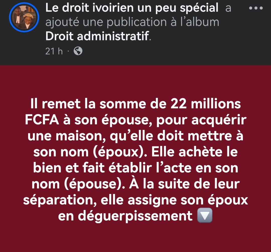 Chroniques225's tweet photo. • Il remet la somme de 22 millions FCFA à son épouse, pour acquérir une maison, qu’elle doit mettre à son nom (époux). Elle achète le bien et fait établir l’acte en son nom (épouse). À la suite de leur séparation, elle assigne son époux en déguerpissement. 

(📝: Le droit ivoirien un peu spécial)