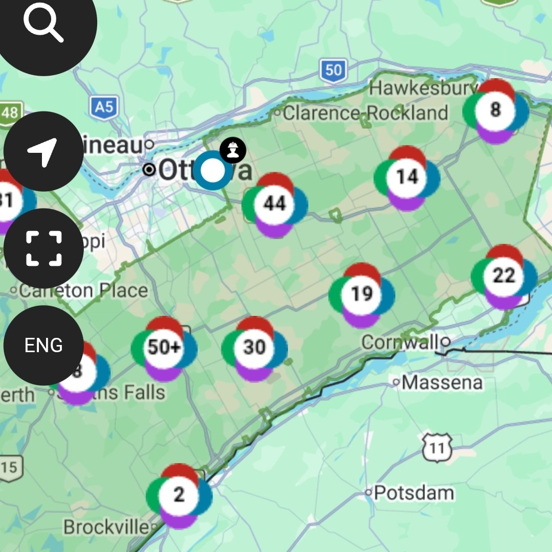 M_Baker87's tweet photo. Widespread outages over eastern Ontario #onstorm @HydroOne https://t.co/vpMHU83IIq