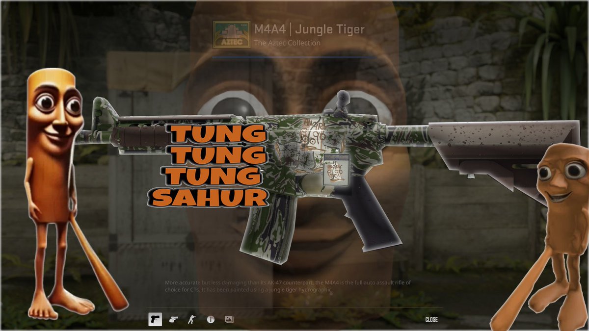 HelloP90Gang's tweet image. Simply apply 4 scraped Hello P90 Stickers as arms and legs and then apply an unscraped HelloP90 Sticker on top to make the Tung Tung Sahur face complete!

You can additionally add a Sticker Slab of a 6th Hello P90 Sticker for the extra tung tung tung spice!

Tags:
#hellop90 #cs2