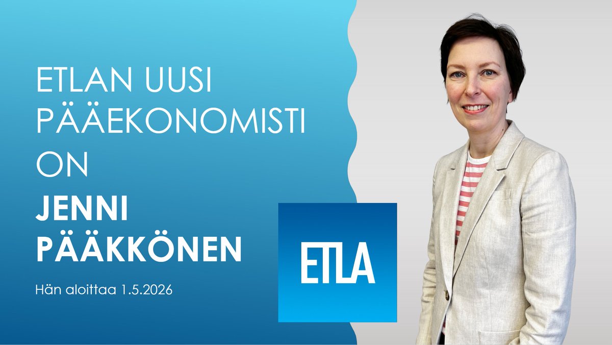 EtlaNews's tweet photo. Elinkeinoelämän tutkimuslaitoksen pääekonomistiksi on valittu finanssineuvos VTT Jenni Pääkkönen. Hän on työskennellyt valtiovarainministeriön kansantalousosastolla julkisen talouden yksikön päällikkönä. Pääkkönen aloittaa 1.5.2026 Etlassa uudessa pääekonomistin tehtävässä ja johtaa talouden tilannekuvaa ylläpitävää tutkijaryhmää #Etla 
https://t.co/a25eL6ZcmT