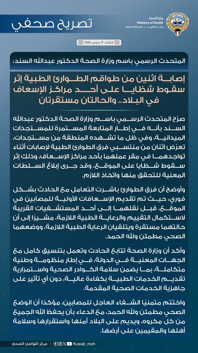 إصابة طواقم الطوارئ في الكويت بسبب سقوط شظايا على مركز إسعاف