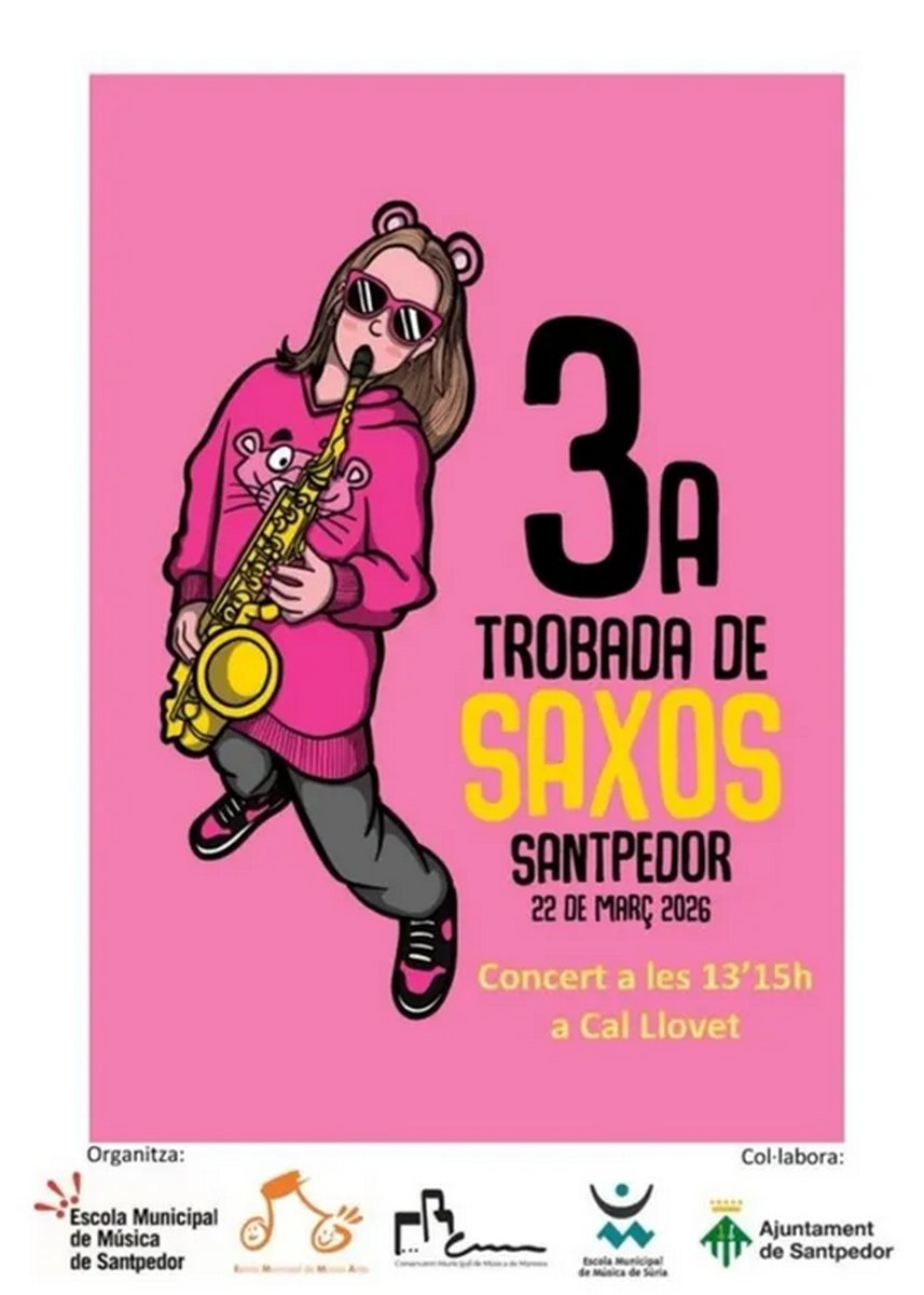 MusicaSuria's tweet photo. Música a Santpedor: 3a Trobada de Saxos.
Diumenge 22 de març. 13.15 h. Sala Cal Llovet (Santpedor).
Amb la participació de l'Escola Municipal de Música de Súria.
https://t.co/gxc2QdV5ff https://t.co/dLKnnFxxlI