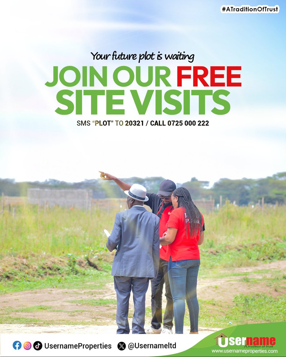usernameltd's tweet photo. We offer free site visits daily to our projects. It's a chance to see things firsthand.
To join us for the free site visit:
๐ Call/WhatsApp: 0725 000 222 / 0725 000 333
"SMS 'SITEVISIT' to 20321"
๐ https://t.co/6ls7bh3wkI
#SiteVisits #UsernameProperties #ExploreOptions #ATraditionOfTrust