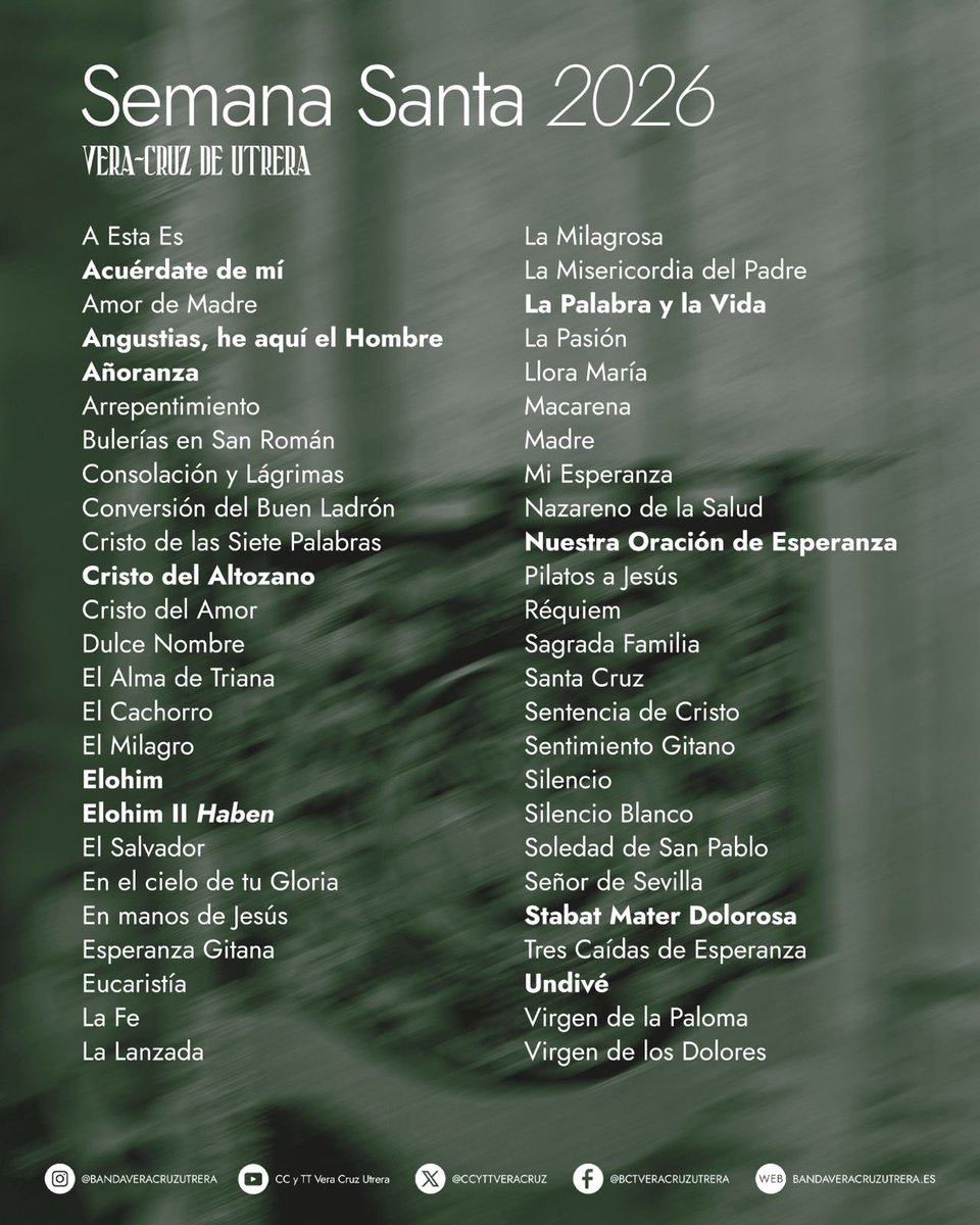 | 𝐑𝐄𝐏𝐄𝐑𝐓𝐎𝐑𝐈𝐎 · 𝐒𝐄𝐌𝐀𝐍𝐀 𝐒𝐀𝐍𝐓𝐀 𝟐𝟎𝟐𝟔 |

Queda establecido el repertorio que la formación interpretará en la venidera Semana Santa de 2026.

🎺🥁 #𝙎𝙪𝙚𝙣𝙖𝙐𝙩𝙧𝙚𝙧𝙖