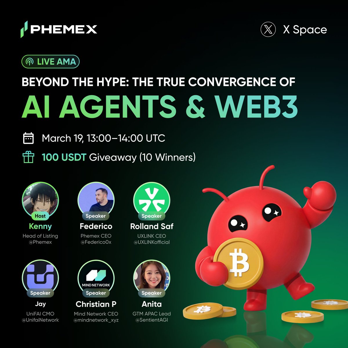 AMA Alert! 📢 This week, join us to discuss the true convergence of AI agents and Web3.

📌 Set a reminder here: x.com/i/spaces/1nxnR…
⏰ When: Mar 19, 1:00 PM UTC

🎁 Giveaways: 
▫️ 5 winners from X comments × $10 each 
▫️ 5 winners from random live airdrops × $10 each

🎙️