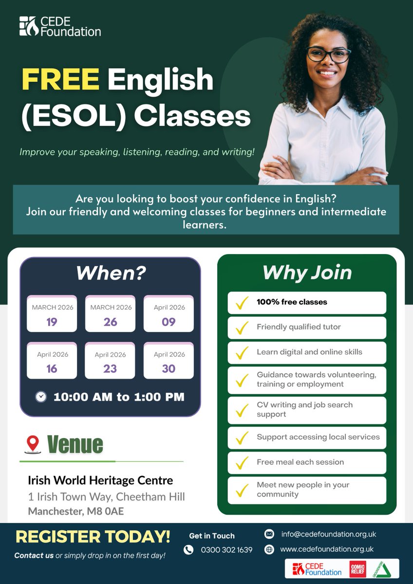 cedefoundation's tweet photo. FREE English (ESOL) Classes – Manchester

Improve your speaking, reading, writing &amp; listening in a friendly class.

📅19 &amp; 26 Mar | 9, 16, 23 &amp; 30 Apr
⏰10am–1pm
📍Irish World Heritage Centre, Cheetham Hill
Free classes
Job &amp; CV support
Free meal
0300 302 1639
#ESOL #Manchester https://t.co/ENanvCvKee
