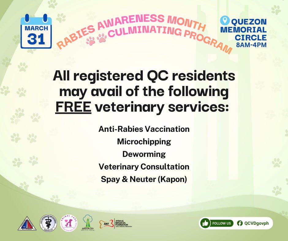 QCGov's tweet photo. 🐾 Rabies Awareness Month Culminating Program 2026 💉

In celebration of Rabies Awareness Month, the Quezon City Veterinary Department invites all QC furparents to our Culminating Program on March 31, 2026 (Tuesday), 9:00 AM – 4:00 PM. https://t.co/tV17DcthLb
