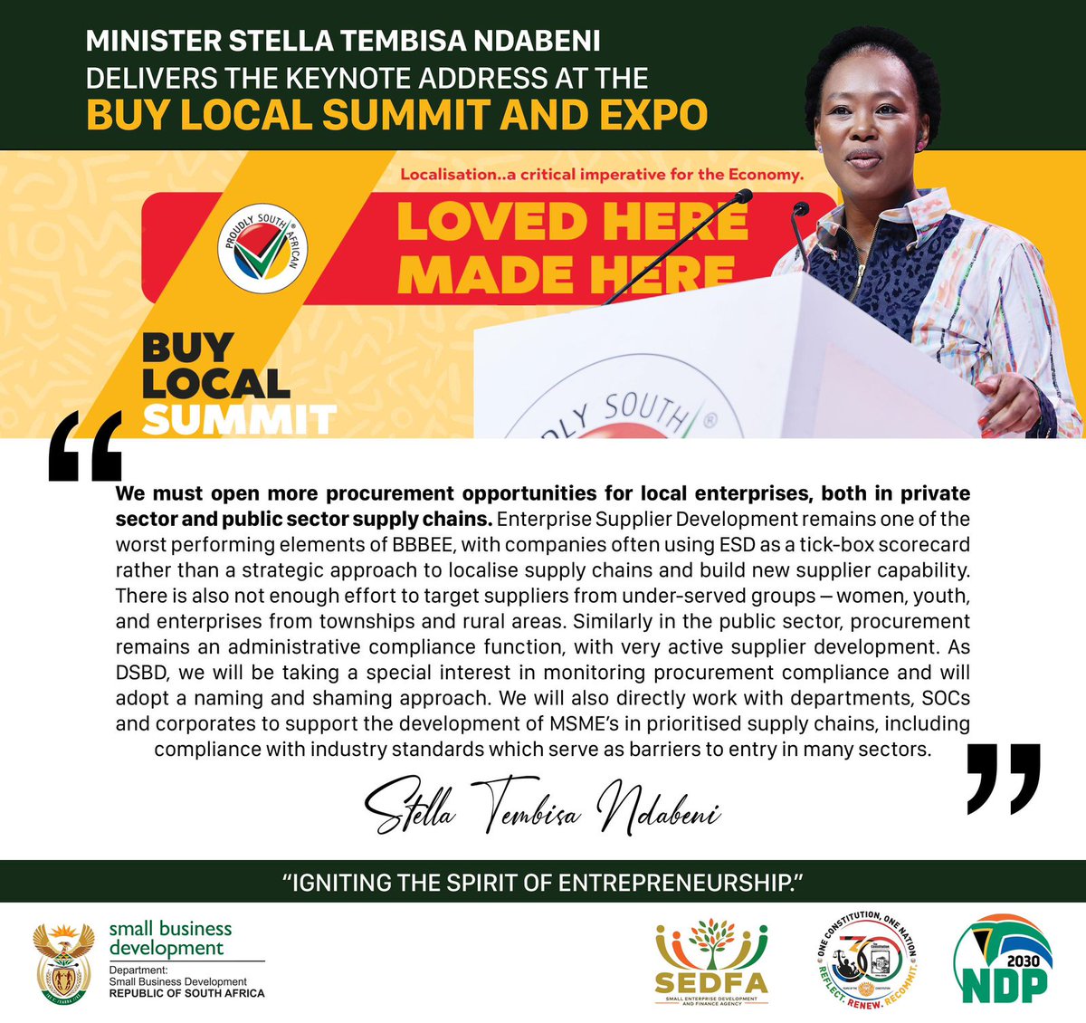 GovernmentZA's tweet image. 🗞️📰  | Speaking Notes by Minister Stella Ndabeni at the 14th Annual Proudly South African Buy Local Summit &amp;amp; Expo.

#BuyLocal #ProudlySouthAfrican #EconomicGrowth #GovZAUpdates