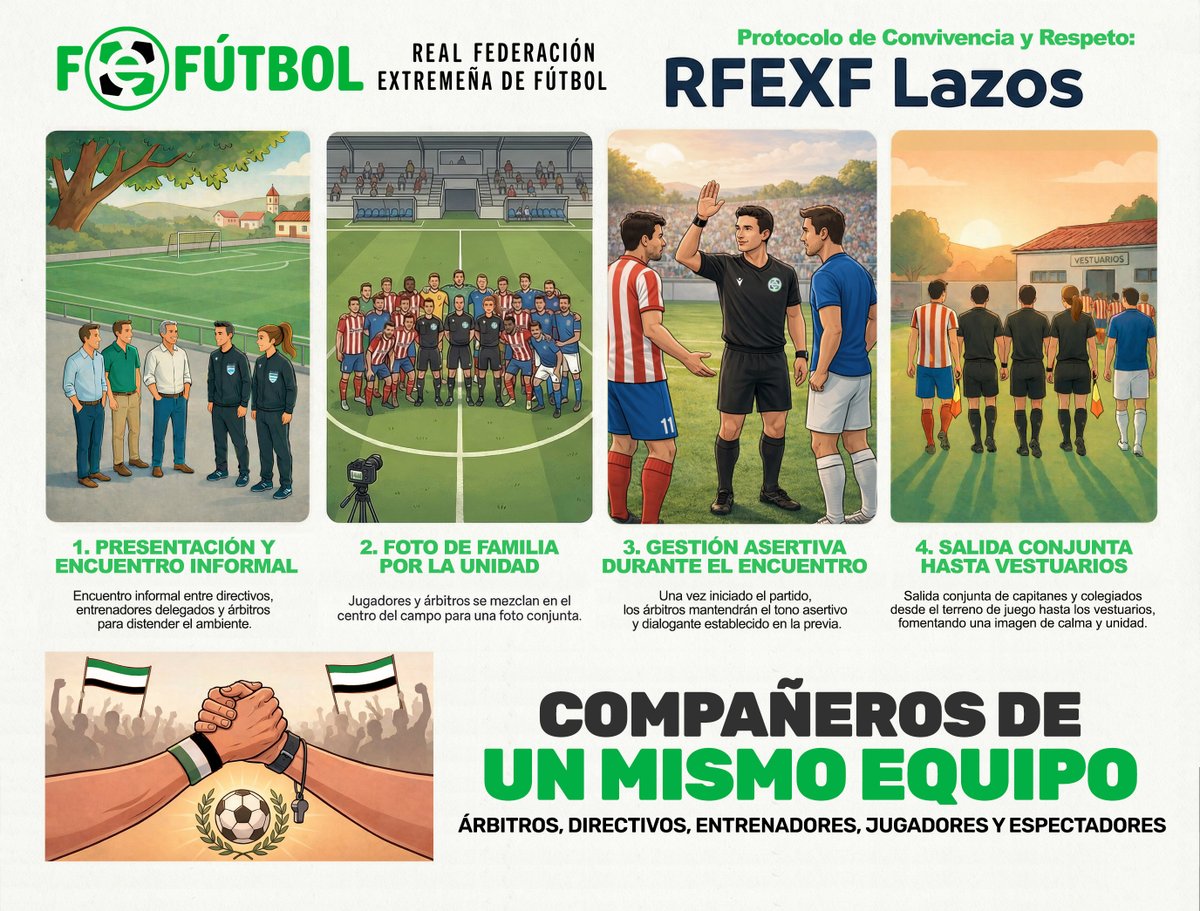 FedExFutbol's tweet photo. 📢¡Atención, familia del fútbol extremeño! ⚽️💚

🚀¡𝑳𝒂𝒏𝒛𝒂𝒎𝒐𝒔 𝒆𝒍 𝑷𝒓𝒐𝒕𝒐𝒄𝒐𝒍𝒐🎖 ‘𝑹𝑭𝑬𝑿𝑭 𝑳𝑨𝒁𝑶𝑺’!

✨Queremos que nuestros campos sean espacios de puro deporte, valores y concordia.

¿𝐐𝐮𝐞́ 𝐯𝐞𝐫𝐚́𝐬 𝐚 𝐩𝐚𝐫𝐭𝐢𝐫 𝐝𝐞 𝐚𝐡𝐨𝐫𝐚?

🤝𝐄𝐧𝐜𝐮𝐞𝐧𝐭𝐫𝐨𝐬 𝐩𝐫𝐞𝐩𝐚𝐫𝐭𝐢𝐝𝐨: para unir a clubes y colegiados.

📸𝐅𝐨𝐭𝐨𝐬 𝐝𝐞 𝐟𝐚𝐦𝐢𝐥𝐢𝐚: entre jugadores y árbitros antes del pitido inicial.

🚶‍♂️𝐒𝐚𝐥𝐢𝐝𝐚𝐬 𝐜𝐨𝐧𝐣𝐮𝐧𝐭𝐚𝐬: capitanes y árbitros abandonan juntos el terreno de juego para dar ejemplo de unidad.

¡No es un cambio de un día para otro; es un compromiso a largo plazo que requiere la implicación de todos!

🙌¡𝐀́𝐛𝐫𝐞𝐭𝐞 𝐚 𝐮𝐧𝐚 𝐧𝐮𝐞𝐯𝐚 𝐞𝐫𝐚 𝐝𝐞 𝐫𝐞𝐬𝐩𝐞𝐭𝐨! 🙌

🔗 +INFO 👉https://t.co/8NKzYOdXFp

#Extremadura💚🤍🖤
#JugamosEnEquipo