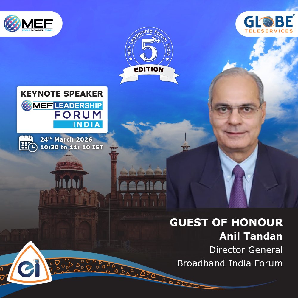 GTeleservices's tweet image. Anil Tandan, DG, Broadband India Forum, takes the stage at MEF Leadership Forum India, in partnership with Globe Teleservices, for the keynote “India at Scale: The Blueprint for Global Mobile Innovation.” ​

Register: mobileecosystemforum.com/event/mef-lead…

#MEFIndia #telecom #mobileinnovation