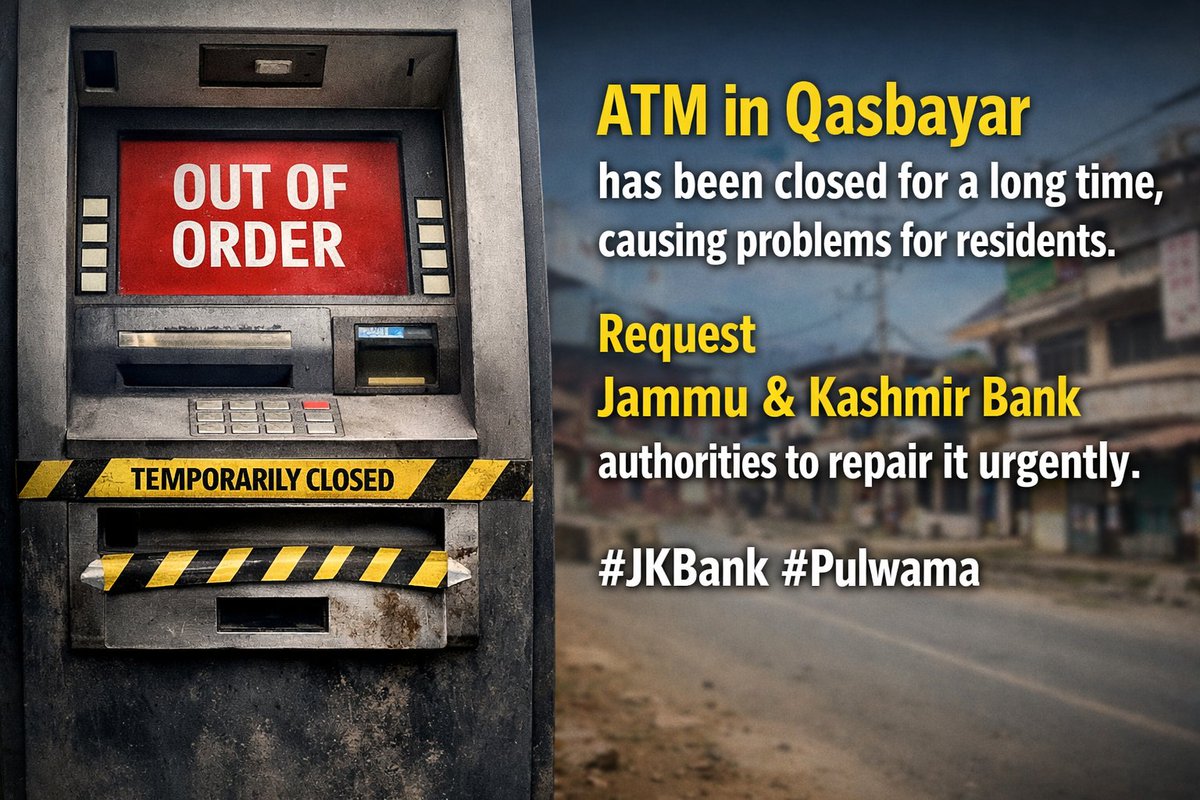 ZaidBin7's tweet photo. ATM in Qasbayar has been closed for a long time, causing problems for residents.
Request Jammu &amp; Kashmir Bank authorities to repair it urgently.
#JKBank #Pulwama https://t.co/ROU2AHUyG3