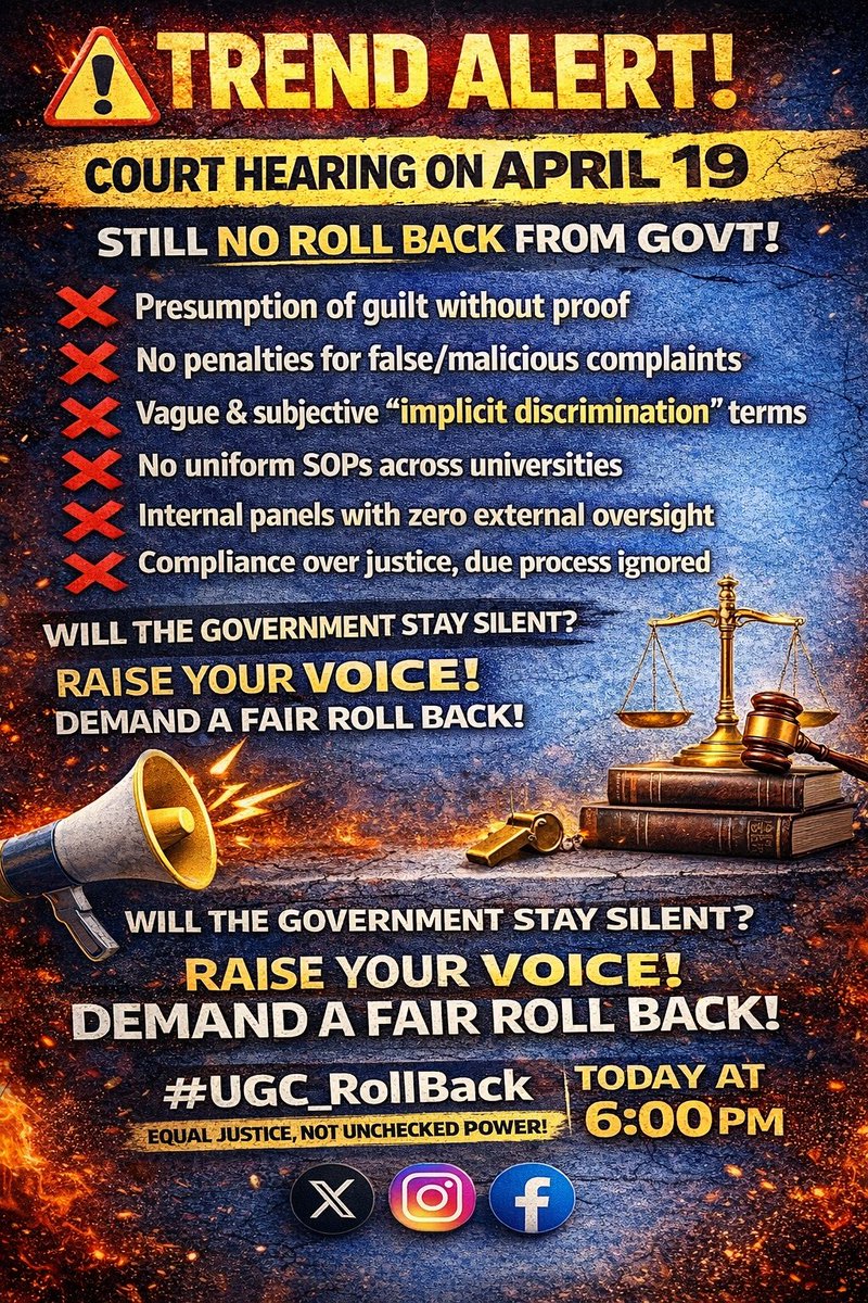 neha_laldas's tweet image. 19th March is the date when Supreme Court will give it's final verdict on UGC 2026 regulations.

We demand complete rollback of the regulations!

Campuses are for free speech &amp;amp; to encourage friendships, not to create caste divisions &amp;amp; fear.

Join the trend from 6pm
#UGC_RollBack