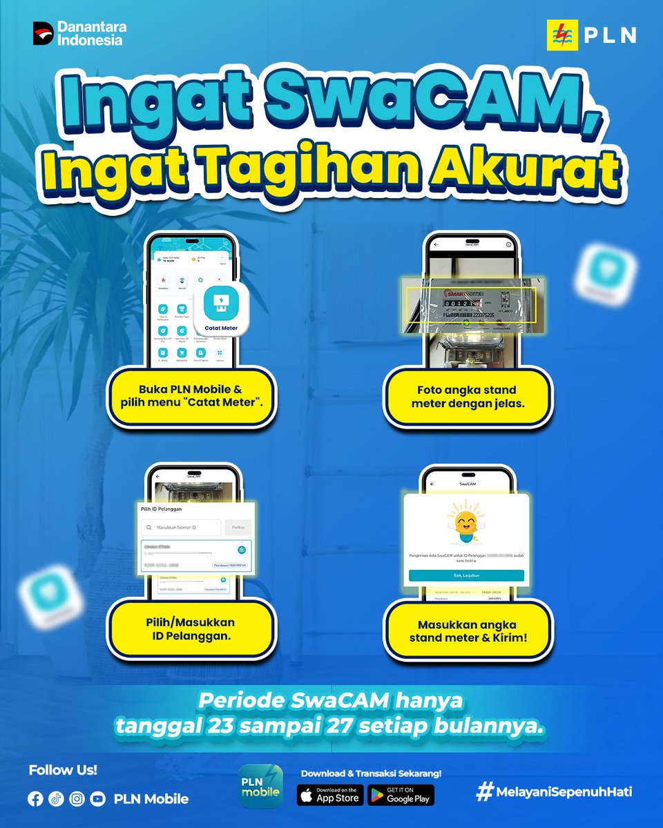 LilyUpdate1's tweet photo. Masih bingung gimana cara dapet tagihan listrik yang akurat? Gampang, kok! Prosesnya cuma 1 menit.

Yuk, biasakan SwaCAM biar tagihan lancar, hati pun tenang!

#PLNMobile #SemuaMakinMudah https://t.co/iYSXTGE2Ds