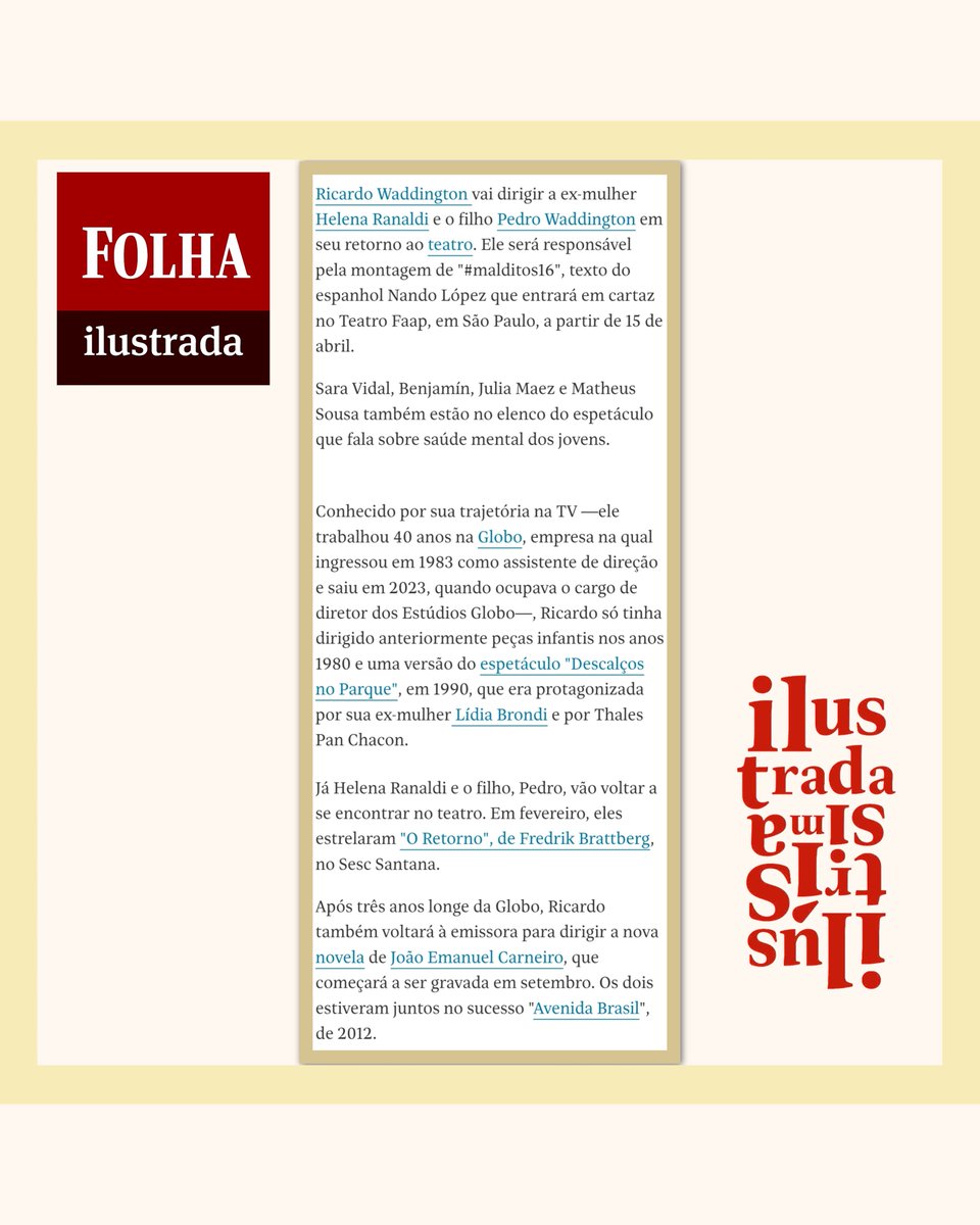 dia_tiago's tweet photo. Ricardo Waddington vai dirigir Helena Ranaldi e Pedro Waddington no espetáculo ❛#malditos16❜ texto espanhol de Nando López que estreia no dia 15 de abril no Teatro FAAP, em São Paulo.
📰 Mônica Bergamo | Folha Ilustrada
https://t.co/vMoH6IqvXV https://t.co/frHgjKdPGk