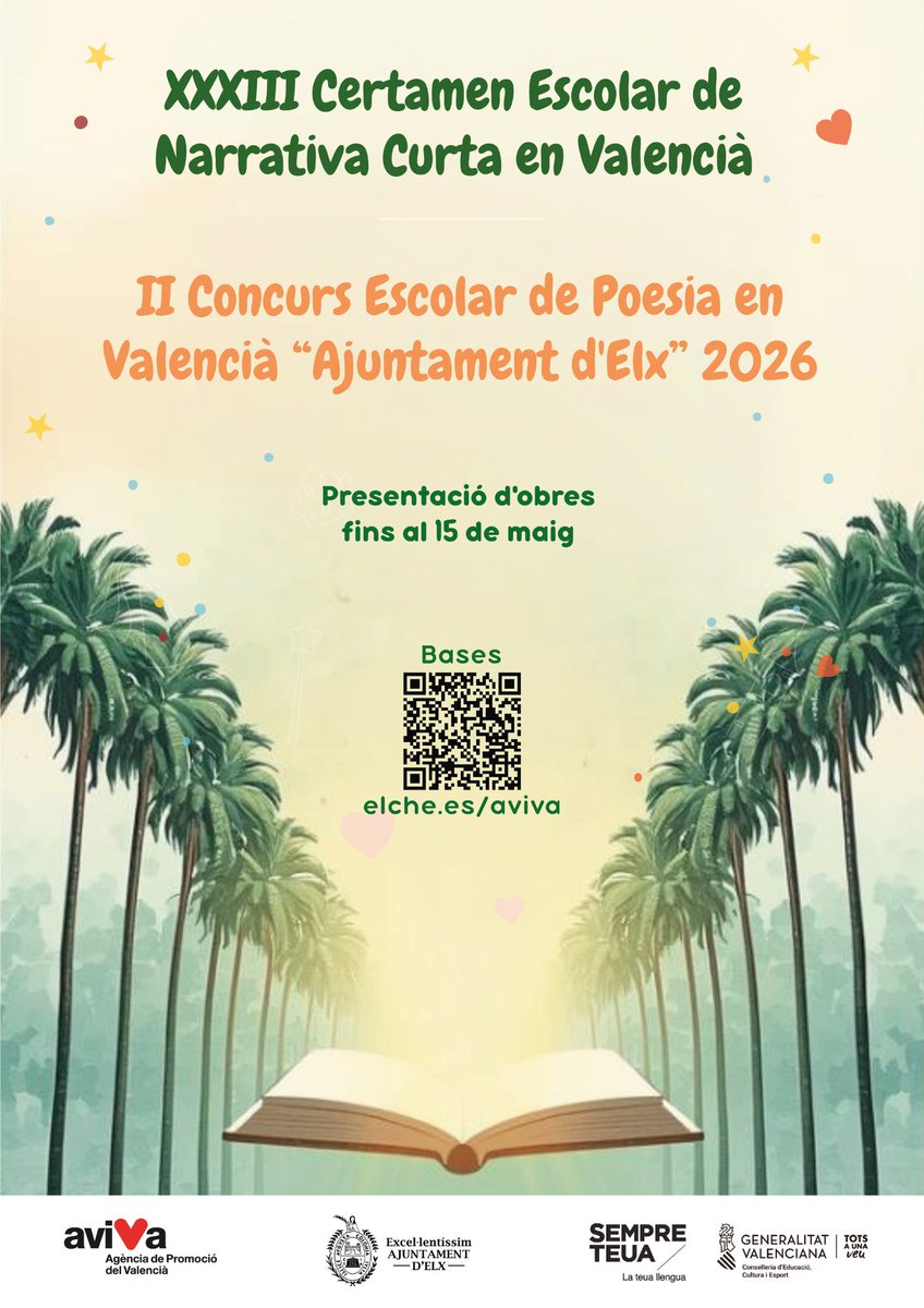 AVIVA_Elx's tweet photo. Certamen Escolar de Narrativa i Poesia 2026 i deixa volar la imaginació

✨ Qui pot participar?
Alumnat de diferents etapes educatives (des de 3r de Primària fins a 4t d'ESO). Enguany, a més, també l'alumnat de les FPA.

Consulta tots els premis a les bases! https://t.co/gfMoqL0tvF