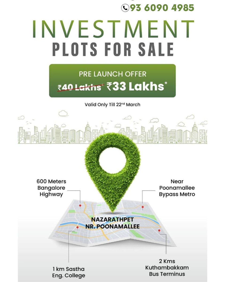 gobroker_tweets's tweet image. Pre-Launch Offer – ₹33 Lakhs Only
• Save ₹7 Lakhs (₹40L → ₹33L)
• Prime Location – Nazarathpet, Near Poonamallee
• Just 600m from Bangalore Highway
• Close to Poonamallee Metro 
#gobroker #PlotsForSale #ChennaiRealEstate #Poonamallee #chennaiapartment #ChennaiProperty