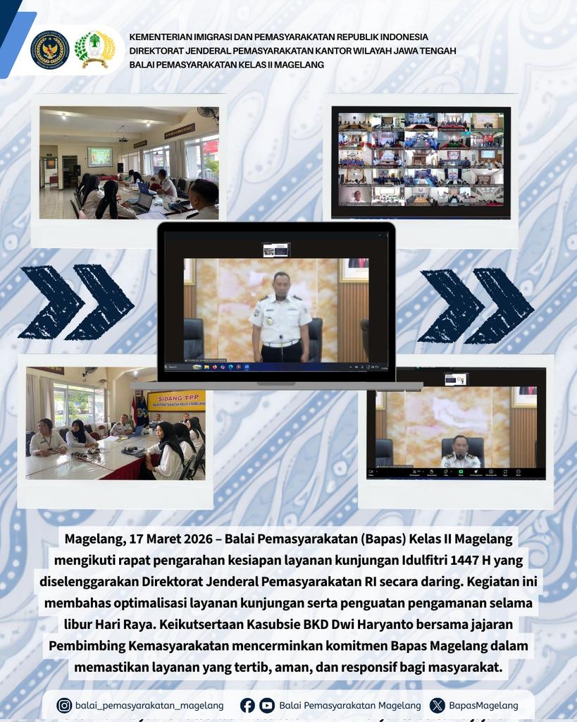 BapasMagelang's tweet image. Siap Sambut Idulfitri 1447 H, Bapas Magelang Ikuti Pengarahan Layanan Kunjungan. 

#kemenimipas 
#ditjenpas 
#guardandguide 
#pemasyarakatan 
#pemasyarakatanjateng 
#Setahunberdampak 

instagram.com/p/DV-3TRXCWUK/…