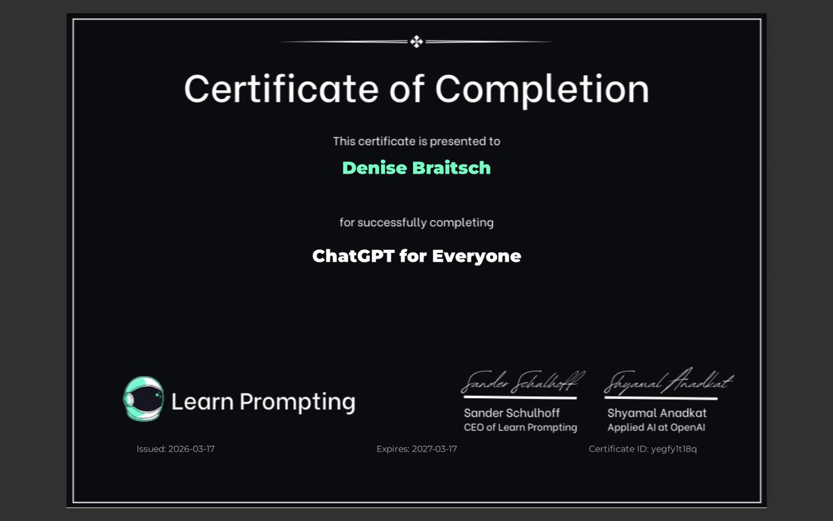 IAllthings's tweet photo. I am learning AI content moderation with https://t.co/1GgxWvYBUF for remote working at home. Thrilled to announce that I’ve completed the hashtag#ChatGPTforEveryone course by @Learn-Prompting, which was created in partnership with @OpenAI. View my Certificate of Completion here: https://t.co/360pbK5B3o