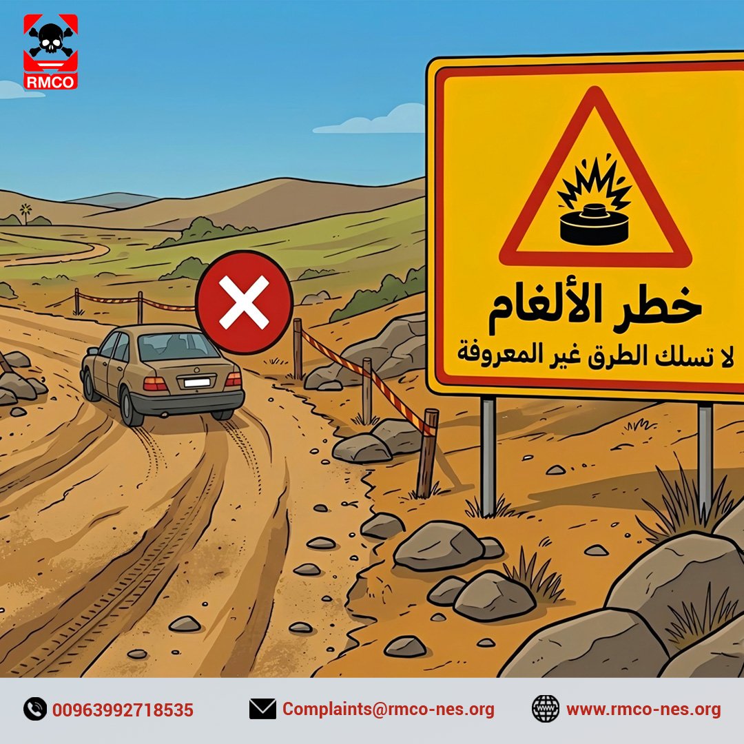 rojcp_sy's tweet photo. ⚠️ تنبيه للسلامة
الطرق غير المعروفة أو غير المستخدمة قد تحتوي على ألغام أو مخلفات حرب خطرة. لذلك يجب الالتزام بالطرق المعروفة فقط وتجنب أي طرق جانبية أو مختصرة غير آمنة. https://t.co/256ReNnEdx