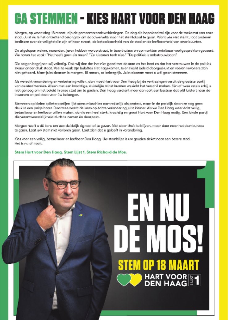 Morgen kiest #DenHaag. Te lang voelen inwoners zich niet gehoord en groeit het wantrouwen. Het roer moet om. Alleen een groot <a href="/Hartv00rDenHaag/">Hart voor Den Haag 💚💛</a> kan echt verandering afdwingen. Ga stemmen en laat uw stem niet verloren gaan. #EnNuDeMos