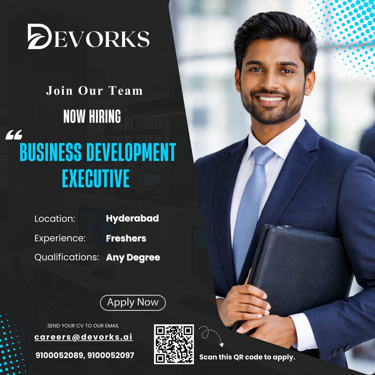 Devorks1's tweet photo. We’re hiring Business Development Executives at Devorks. 

Freshers with any degree can apply—great opportunity to start your career in a dynamic environment.

 Location: Hyderabad

 Send your CV to careers@devorks.ai
 9100052089, 9100052097 https://t.co/BUV9HxPa7L