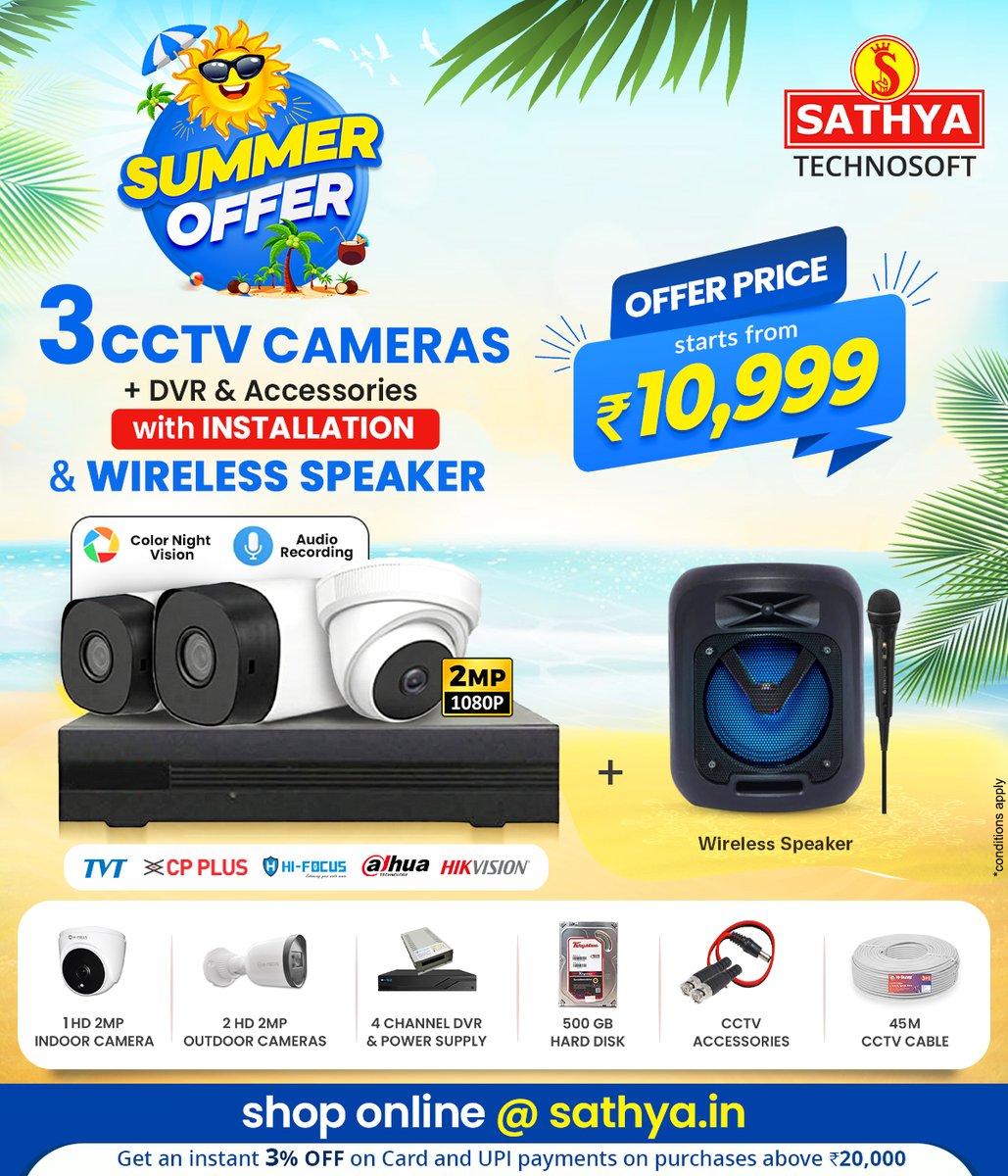 sathyashopping's tweet photo. Cool #SummerOffer! Purchase 3 CCTV Cameras, DVR, Accessories and #WirelessSpeaker in Combo with installation at a starting price of Rs.10,999. Call 9952300300 to get this offer.

🛒Shop here : https://t.co/HnKZxBF8MN

#cctv #cctvcamera #combooffer #Cctvinstallation #surveillance https://t.co/jIGZpeba1I