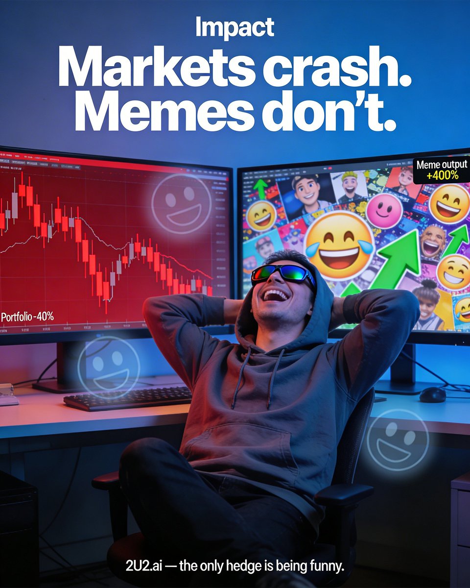 Markets crash. Memes don't.

Your portfolio is down 40%. Your #meme output is up 400%.

The only hedge that works in every market condition is being funny.

2U2.ai — the ultimate risk management tool.

#2U2ai #crypto