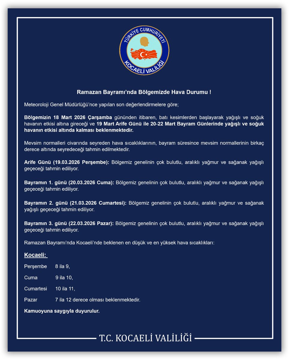 Ramazan Bayramı’nda Bölgemizde Hava Durumu!
⬇️
kocaeli.gov.tr/ramazan-bayram…
<a href="/afadkocaeli/">AFAD Kocaeli</a>
