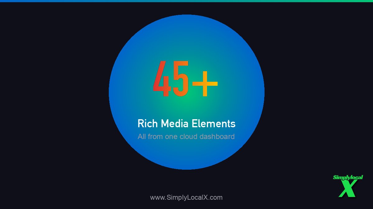 SimplylocalX's tweet photo. Text, images, videos, PDFs, weather, time, AQI, Instagram sync, QR codes — and 36 more. SimplyLocalX gives you 45 rich media elements from a single cloud dashboard. Name another platform that does this. We’ll wait. https://t.co/SNNMWL4BTV #SimplyLocalX #DigitalSignage https://t.co/bPUiOLKSP1