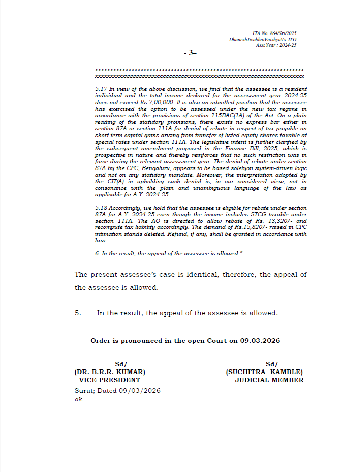 Neel_Hatkar's tweet photo. ITAT clarifies rebate u/s 87A on LTCG u/s 112 for AY 2024-25

In a recent ruling, the Income Tax Appellate Tribunal (ITAT) allowed the rebate under section 87A against long-term capital gains taxable u/s 112 for AY 2024-25.

https://t.co/ubP0JeDerP

#IncomeTax #IncomeTaxCaseLaw https://t.co/dYr8FubPVN