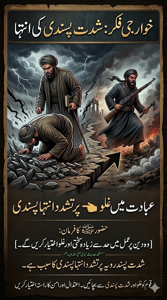 1Charlie_33's tweet image. غلو سے انتہا پسندی تک کا سفر  
جب دین میں میانہ روی کی بجائے غلو آ جائے تو اس کا انجام سنگین ہوتا ہے۔ خوارجی سوچ عبادت میں حد سے گزر کر دوسروں پر کفر کے فتوے تک پہنچتی ہے، یہی سوچ کئی انتہا پسند گروہوں میں تشدد کو جنم دیتی ہے۔  
#FitnaAlKhawarij #EndExtremism