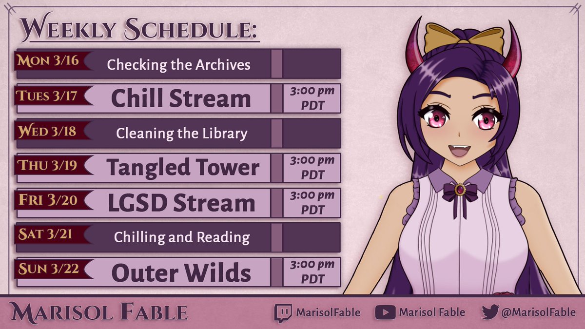 MarisolFable's tweet photo. Schedule Time:

Sorry for the late schedule, today's been rough and the internet has been spotty all day.

📽️Live Tag: #MarisolLive
🎨Art Tag: #Maristhetic
🎞️Clip Tag: #MemoryFable
🃏Meme Tag: #MarilFablu

#ENVtuber #Vtuber #VtuberUprisings https://t.co/3R4eo7Opsw
