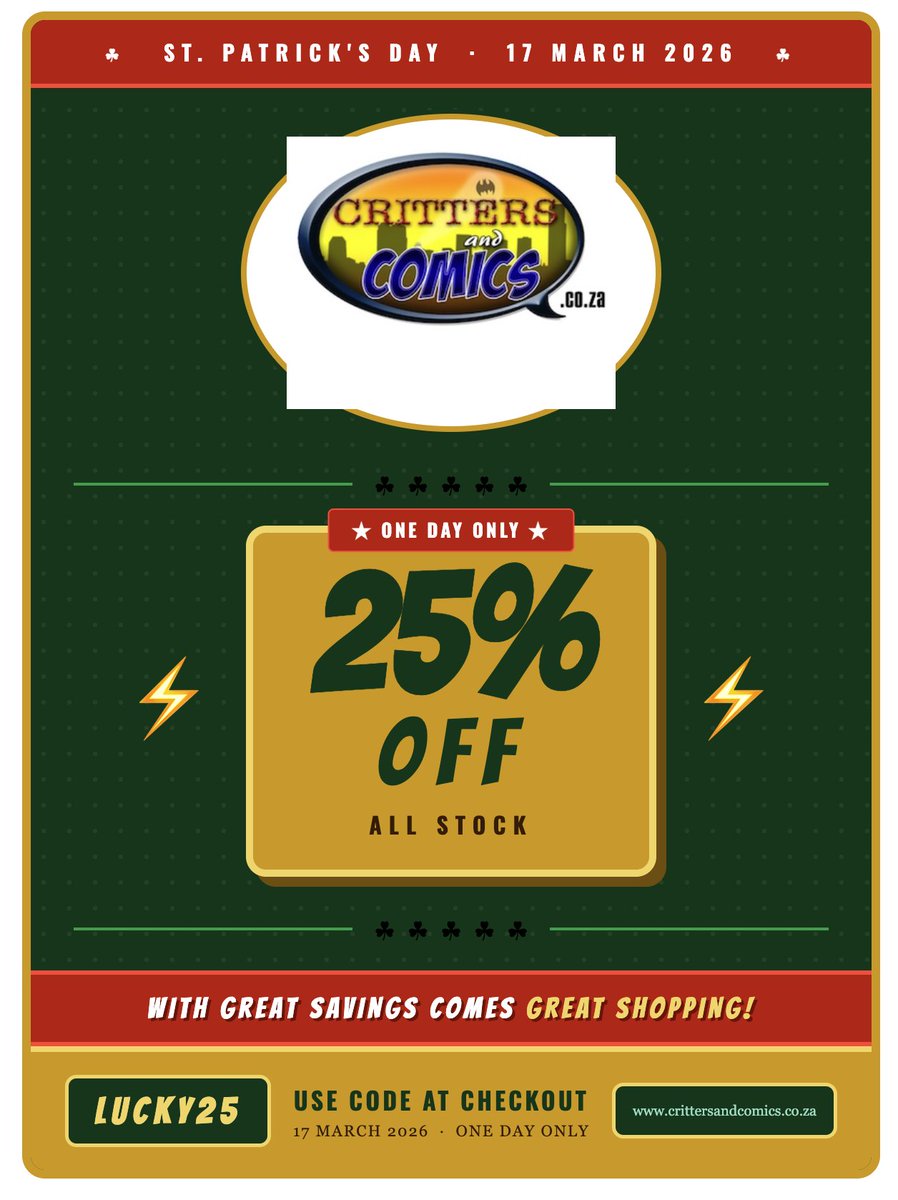 CrittersComics's tweet photo. 🍀ONE-DAY FLASH SALE: THE LUCK OF THE (IRISH) SUPERHERO🍀Today only, the universe has aligned (and possibly had one too many green drinks) to bring you a deal so powerful it should have its own origin story. 🍀 25% OFF ALL IN-STOCK ITEMS🍀
#crittersandcomics #stpatricksday2026 https://t.co/0Kdd3xGUW1