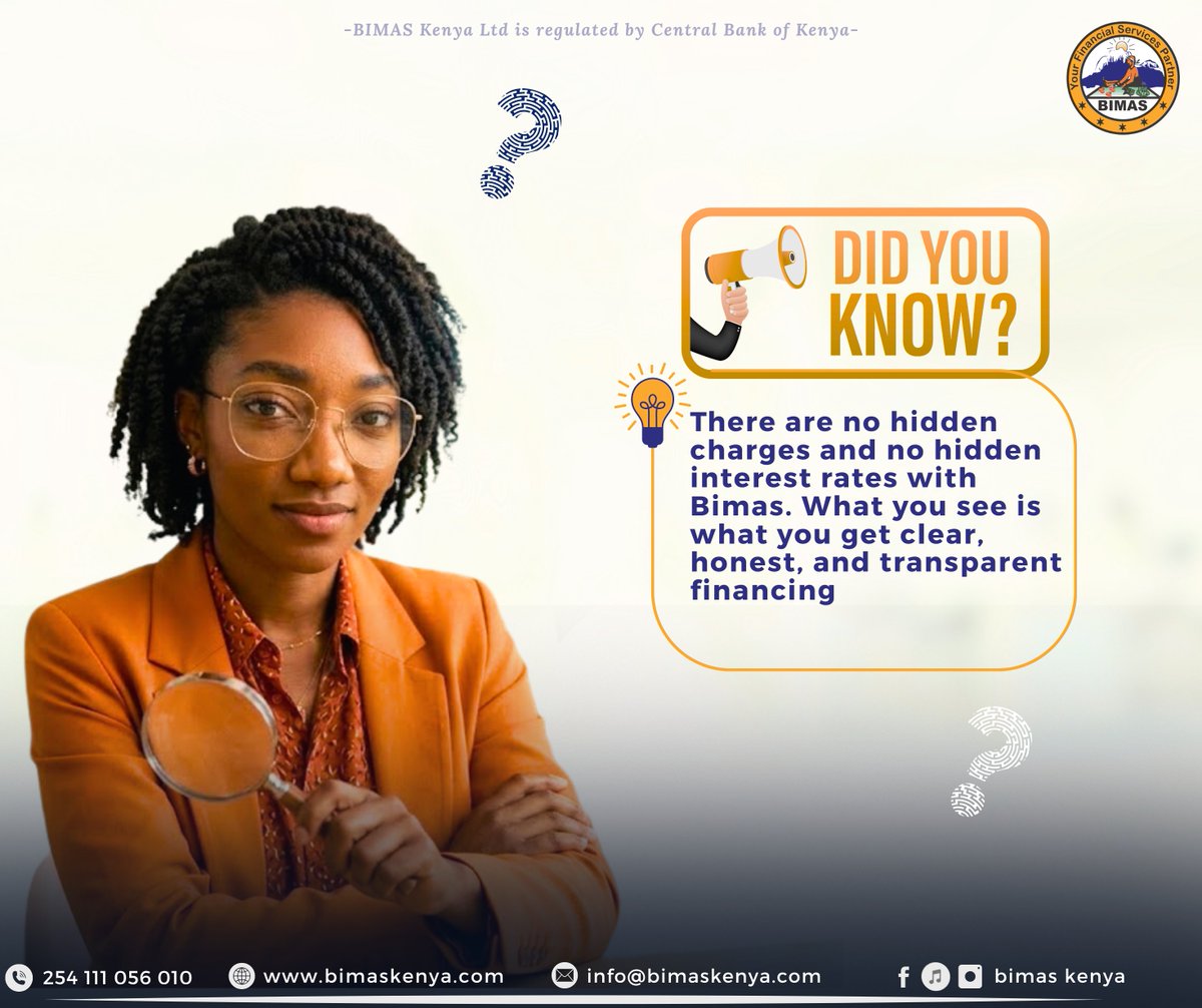 bimas_kenya's tweet image. Did you know? 
Many loans come with hidden costs but not with Bimas.
What you see is what you pay.
No hidden charges. No hidden interest. Just clear, transparent financing you can trust.

Visit your nearest Bimas branch or call today to get started.
#BIMASMicrofinance #DidYouKnow