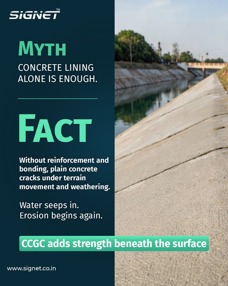 SignetEnertech's tweet photo. Concrete lining alone looks strong, but without proper bonding &amp; reinforcement, it can crack under terrain movement &amp; water pressure.

CCGC provides a bonded, reinforced layer that prevents seepage, and structural damage.

Durable infrastructure starts with the right engineering. https://t.co/4oekRrhHjj
