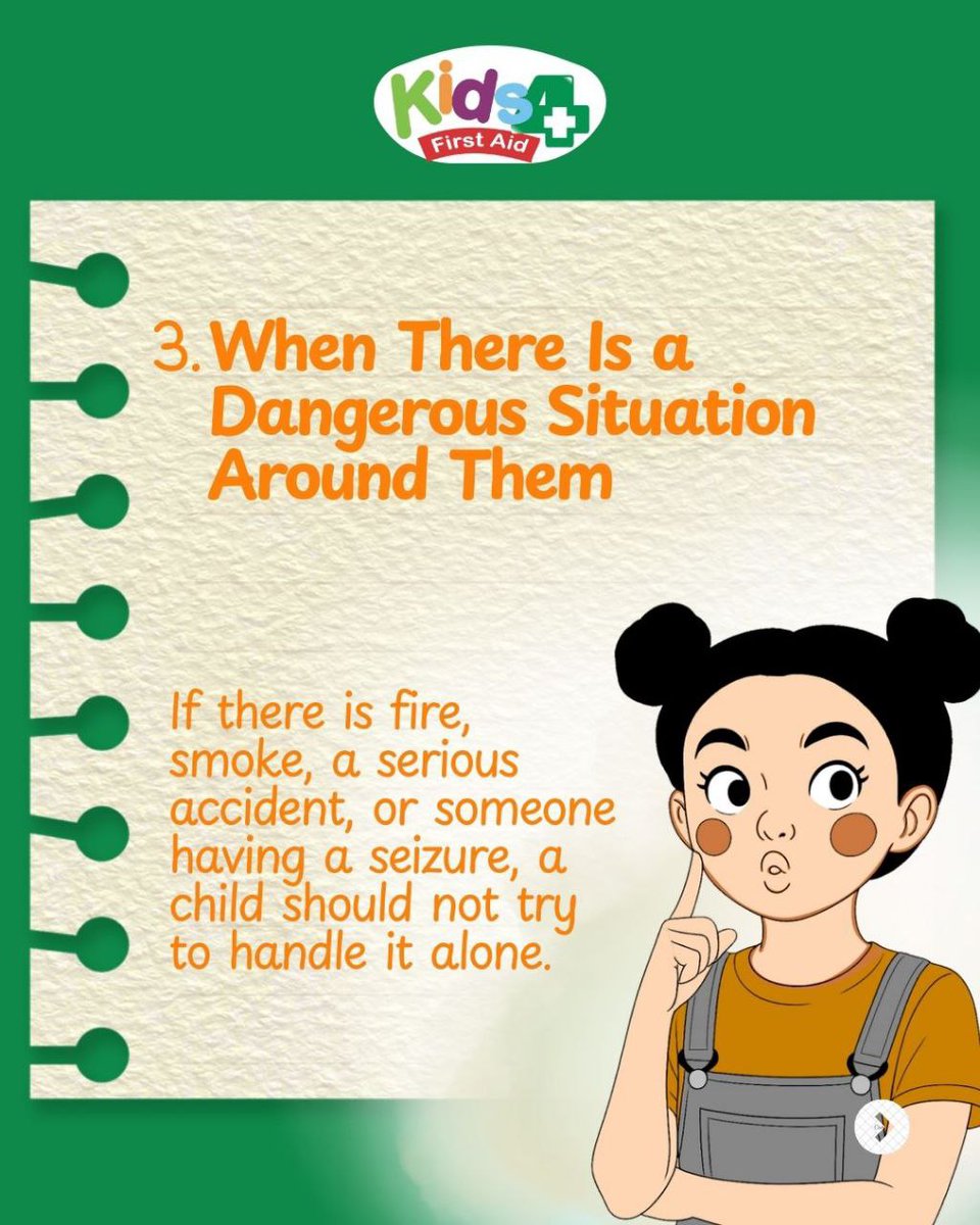 Kids4FirstAid's tweet photo. Most kids want to be brave in an emergency. 
But knowing when to call an adult IS the brave move.
3 moments every kid should know:
1️⃣ Serious injury or bleeding.
2️⃣ Someone can't breathe or is unconscious.
3️⃣ Fire, smoke, or a dangerous situation.
Follow @kids4firstaid for more. https://t.co/LwMUG97cz4