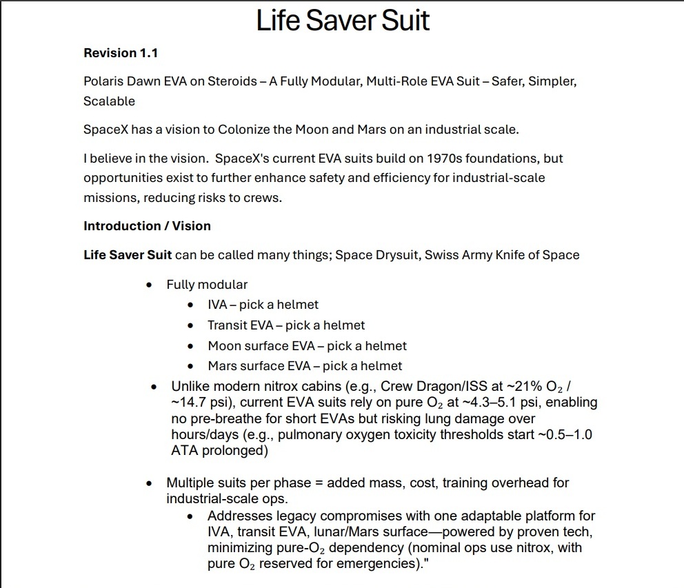 BrianL969798630's tweet photo. What would @SpaceX do with an EVA suit that completely eliminates the O₂ pre-breathe? 🚀
No hours of waiting, no toxicity risks, just step outside and go.
Think: Life Saver Suit!! Check your email.
#SpaceX #EVASuit #Mars #PolarisDawn @elonmusk @BrianL969798630 https://t.co/5Cmu2jE1iN