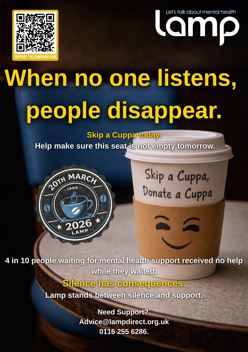 Deacyliam's tweet photo. This Friday skip a cuppa, donate a cuppa. ☕

£3.60 can help support someone waiting for mental health help.

Skip a Cuppa today.
Help make sure this seat is not empty tomorrow.

Donate: https://t.co/od6JKZrewB

#EmptySeat #MentalHealth https://t.co/qJz9gZVM66