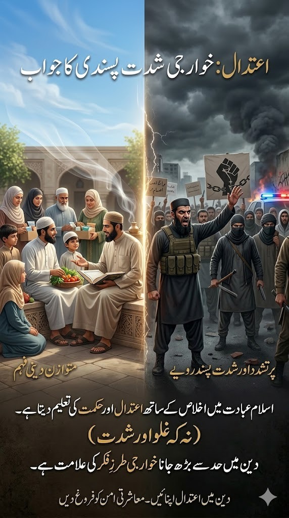 MShuja_Khan's tweet image. غلو سے انتہاپسندی تک کا راستہ  
جب دین میں میانہ روی کی بجائے غلو آ جائے تو اس کے اثرات نقصان دہ ہوتے ہیں۔ خوارجی سوچ عبادت کی شدت سے شروع ہو کر دوسروں کی تکفیر پر پہنچ جاتی ہے، اور یہی رویہ معاشرتی تشدد کو فروغ دیتا ہے۔  
#FitnaAlKhawarij #EndExtremism