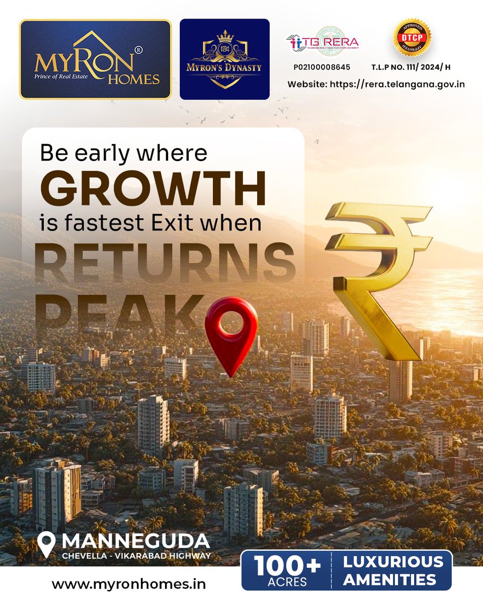 MyronhomesOffl's tweet image. Secure your place where tomorrow’s value is taking shape. Invest in premium villa plots at Myron’s Dynasty, Manneguda - strategically positioned for strong appreciation and timely returns.

#MyronsDynasty #MyronHomes #RealEstateInvestment #HyderabadPlots #SmartInvesting