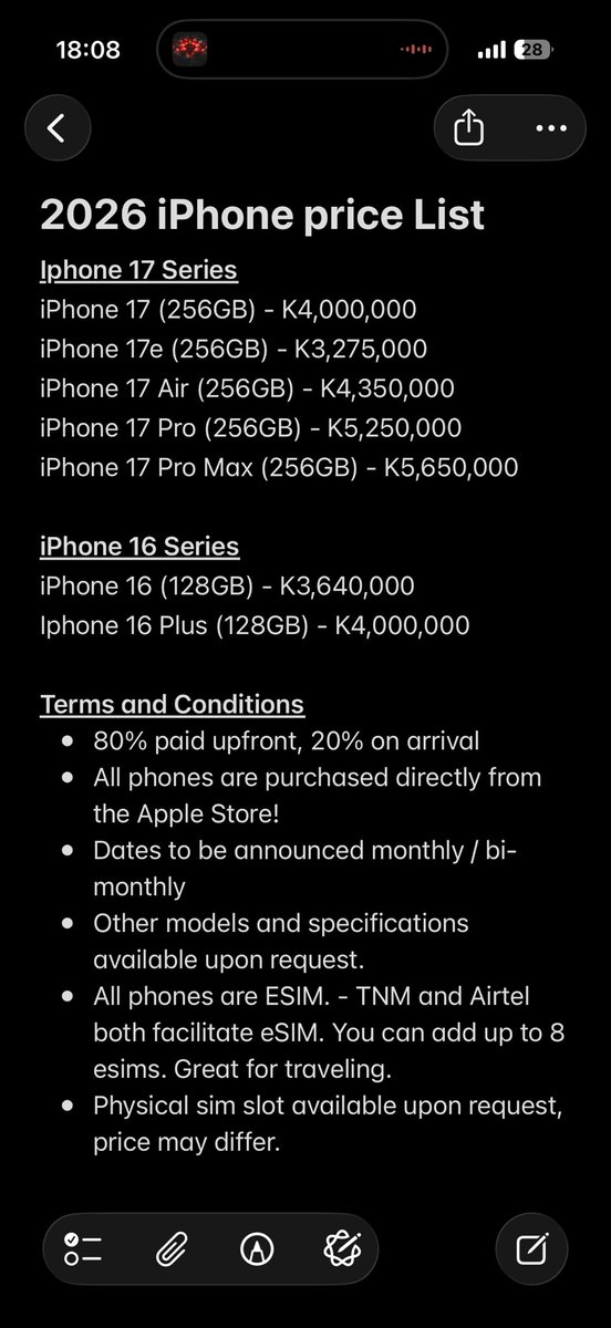 Revised Price list for iPhone below! Other brands and/or models available on request.

All phones listed are bought straight from Apple. xx
Prices in MWK. Arrival dates vary on month. 
Please RT 🫶🏾