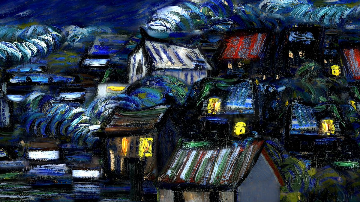 BedrettinSimsek's tweet photo. Bu aralar üç eser üzerinde birden çalışıyorum. İlki 80 dakikalık 3d animasyon, görsel sanat eseri bir film. "Van Gogh'un yıldızlı gece tablosu üzerine çeşitlemeler".  Tek bir tabloyu izleyiciye yüz ayrı şekilde nasıl sunarsınız? Aşağıda filmden bir sahne.. https://t.co/BxBbE4PUkA