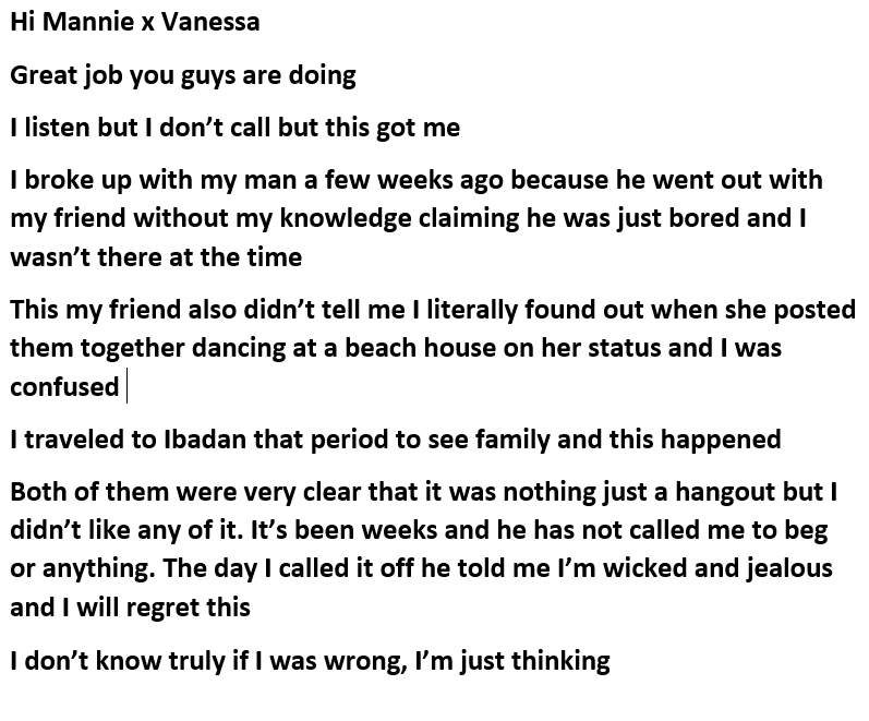 CoolFMNigeria's tweet image. welcome to #DATING101 

#TheBFShow w/ @Mannieessien x @Nessa534

WHAT DO YOU ADVICE THIS LADY TO DO?